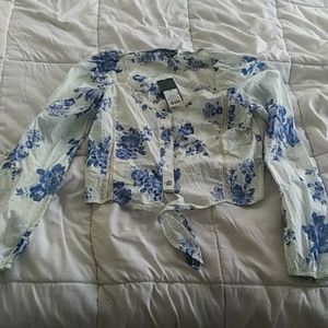 Wild Fable Blue White Crop Button Top